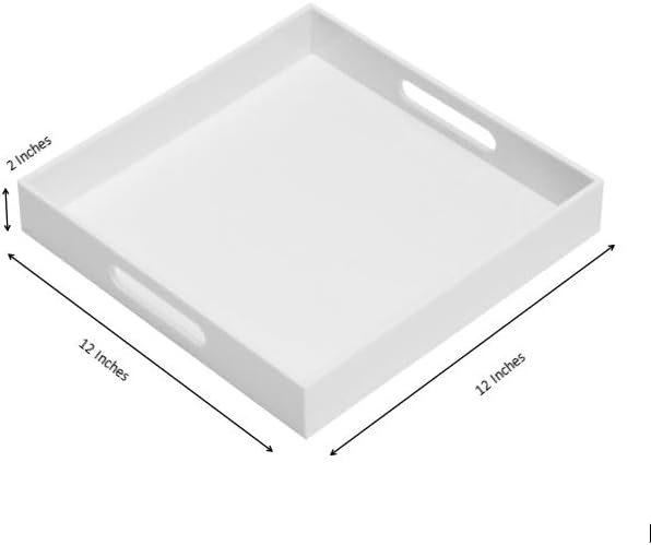 Glossy White Sturdy Acrylic Serving Tray with Handles-12x12Inch-Serving Coffee,Appetizer,Breakfast,Butler-Kitchen Countertop -Cosmetics Organizer-Vanity Table Tray-Ottoman Tray-Decorative