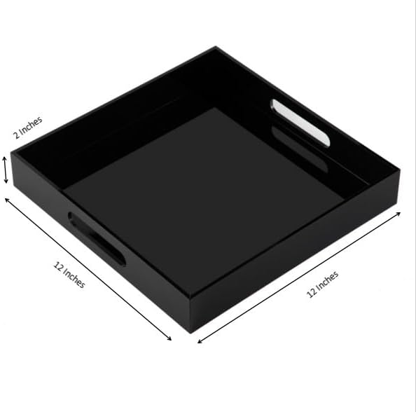 Glossy Black Sturdy Acrylic Serving Tray with Handles - 12x12 Inch Multipurpose Tray for Coffee, Appetizers, Breakfast, and More