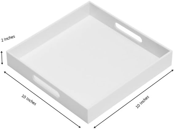 Glossy White Sturdy Acrylic Serving Tray with Handles-10x10Inch-Serving Coffee,Appetizer,Breakfast,Butler-Kitchen Countertop-Makeup Drawer Organizer-Vanity Table,Ottoman Tray-Decorative Tray