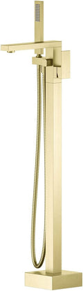 KIBI Cube Brushed Gold Freestanding Bathtub Faucet ‑ Floor‑Mounted Brass Tub Filler | Single‑Handle Bathroom Faucets with Hand Shower, Ceramic Cartridge & Stainless Steel Hose (KTF302BG)