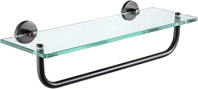 JQK Bathroom Glass Shelf Bronze, Shelf with 15 Inch Towel Bar Tempered Glass Shower Storage 16 by 5 inches, 304 Stainless Steel Oil Rubbed Bronze Wall Mount, TGS100-ORB