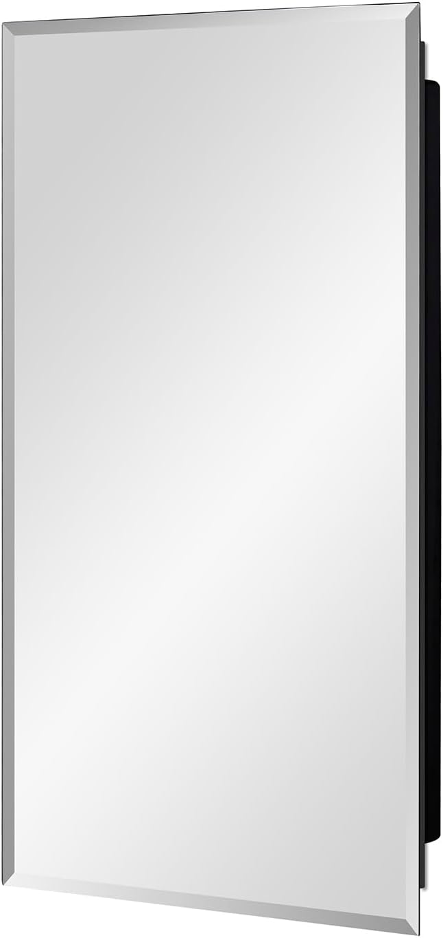 Black Plastic Medicine Mirror Cabinet for Bathroom with 16 x 28 inch Beveled Edge Mirror, Recessed and Surface Mount