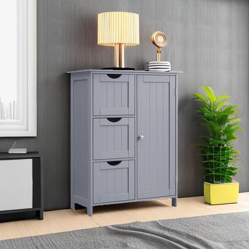 VASAGLE Floor Storage Cabinet, Freestanding Storage Unit with 3 Drawers, 1 Adjustable Shelf, for Bathroom Living Room Dining Kitchen, 11.8 x 23.6 x 31.5 Inches, Dove Gray UBBC049G02