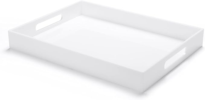 Modern Acrylic Ottoman Tray with Cutout Handles. Acrylic Serving, Organizer Decorative Tray. for Living Room, Bedroom,Bathroom and Kitchen Tabletop (White, 11x14 Inch)