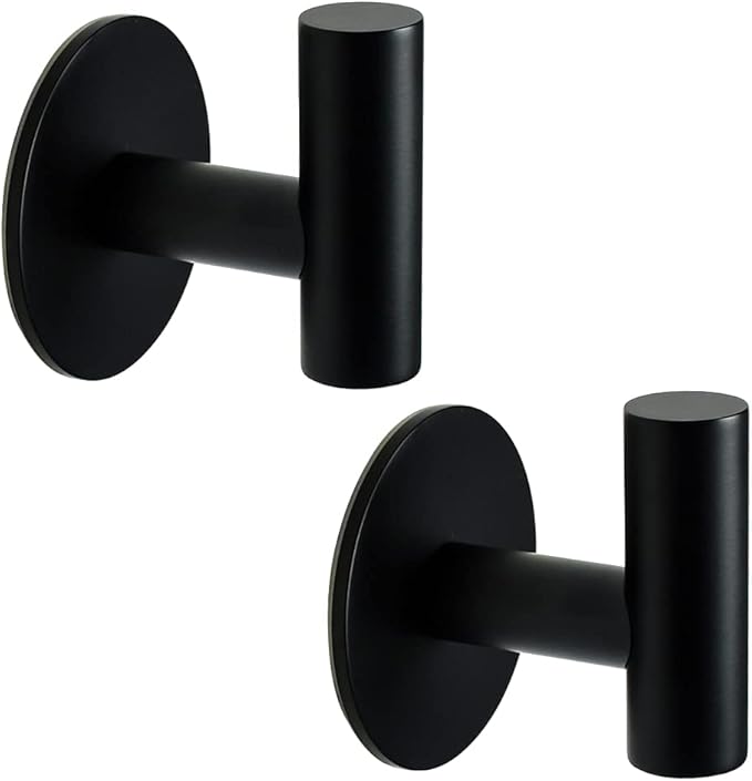 Self Adhesive Towel Hook Matte Black Coat Hook Brushed Nickel SUS304 Stainless Steel Heavy Duty Waterproof Towel Robe Clothes Hook Holder for Bathroom Kitchen Office Hotel Pool Wall Mounted Hook-2Pack