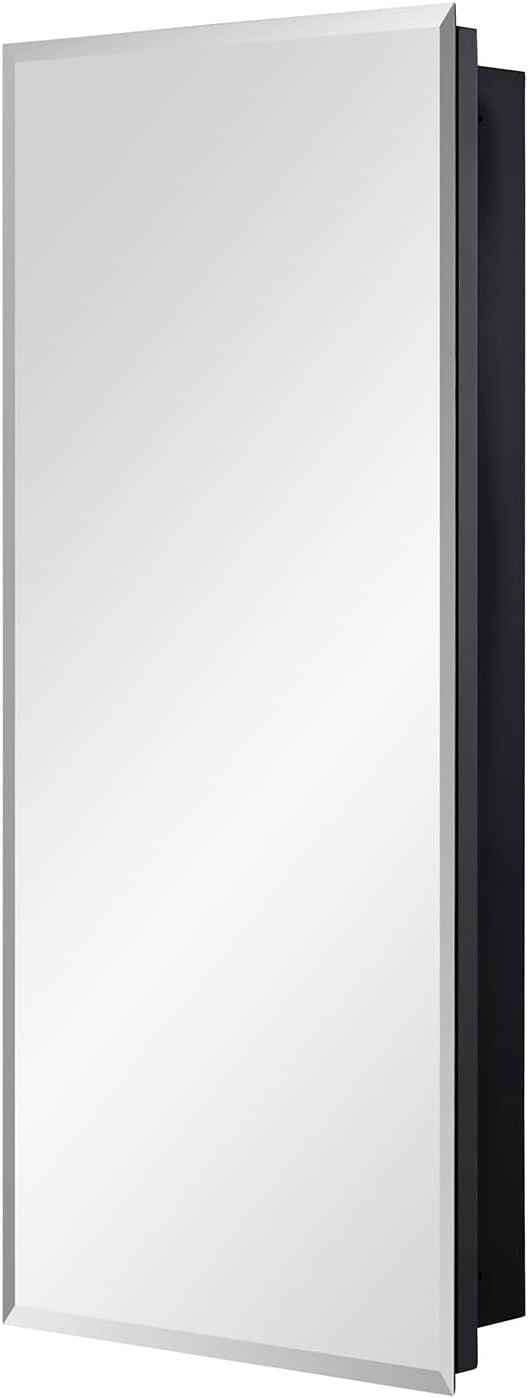 Black Bathroom Medicine Cabinet with Beveled Edge Mirrored Door 16 x 36 inch, Recessed or Surface Mount, with Adjustable Glass Shelves