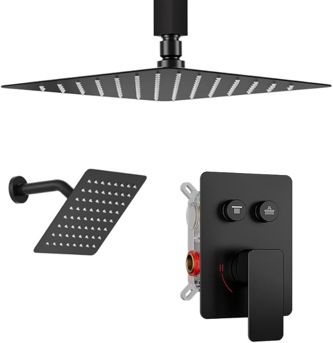 Shower Faucets Sets Shower System Matte Black, STARBATH 12" Ceiling Mount Rain Showerhead and 8" Wall Mounted Rainfall Shower for Couples, On Off Button Valve Dual Head Shower Systems Complete