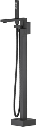 KIBI Cube Floor Mount Tub Filler with Hand Shower in Matte Black | Solid Brass Single Handle Freestanding Bathtub Faucet with 360° Swivel Spout, Modern Bath Faucet for Tub and Shower (KTF302MB)