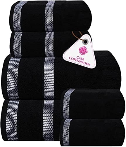 CASA COPENHAGEN Solitaire Designed in Denmark 600 GSM Hotel & Spa Decorative Kitchen & Bathroom Egyptian Cotton 6 Piece Towel Set, Includes 2 Bath Towels 2 Hand Towels 2 Washcloths – Dark Black