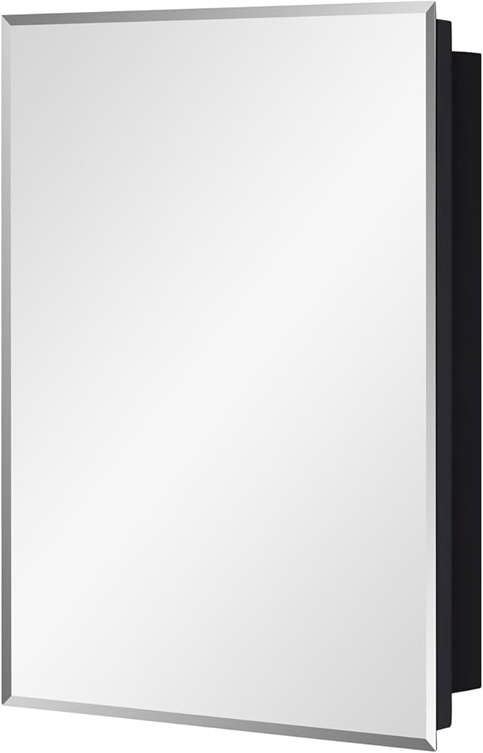 Black Bathroom Medicine Cabinet with Beveled Edge Mirrored Door 16 x 22 inch, Recessed or Surface Mount, with Adjustable Glass Shelves
