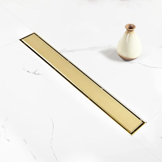 Linear Shower Drain, 28 inch Gold Drain with Tile Insert 2-in-1 Panel, Brushed 304 Stainless Steel Gold Shower Floor Drain, Linear Drain with Hair Strainer and Adjustable Feet