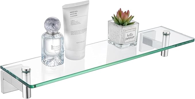 KOKOSIRI Bathroom Shelves Wall Mounted Floating Glass Shelf Polished Stainless Steel 20-Inch Kitchen Hanging Rack for Storage/Room Decor B1105CH-L20