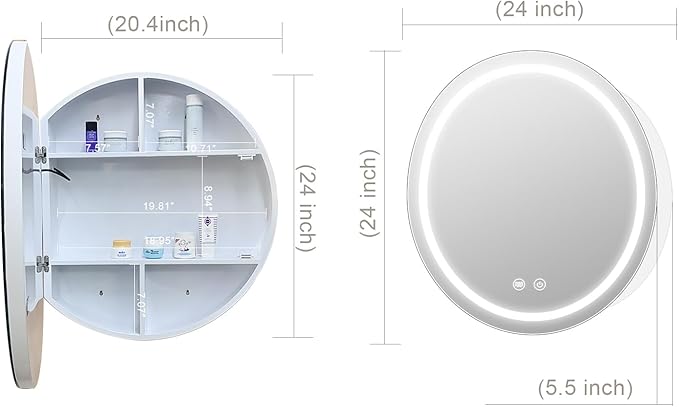 24inch Round Medicine Cabinet with Lights,Led Medicine Cabinet with Defogger,Illuminated Mirror Cabinet for Bathroom,Dimmable,Anti-Fog,3 Colors,Surface Mount Only,White