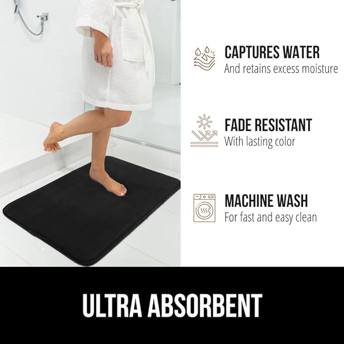 GORILLA GRIP Memory Foam Bath Mat, Soft Absorbent Velvet Bathroom Mats, Durable Dots on Underside, Machine Washable Bathmat, Carpet Rug Room Decor for Shower Tub Floor RV, 48x24 Rugs, Black