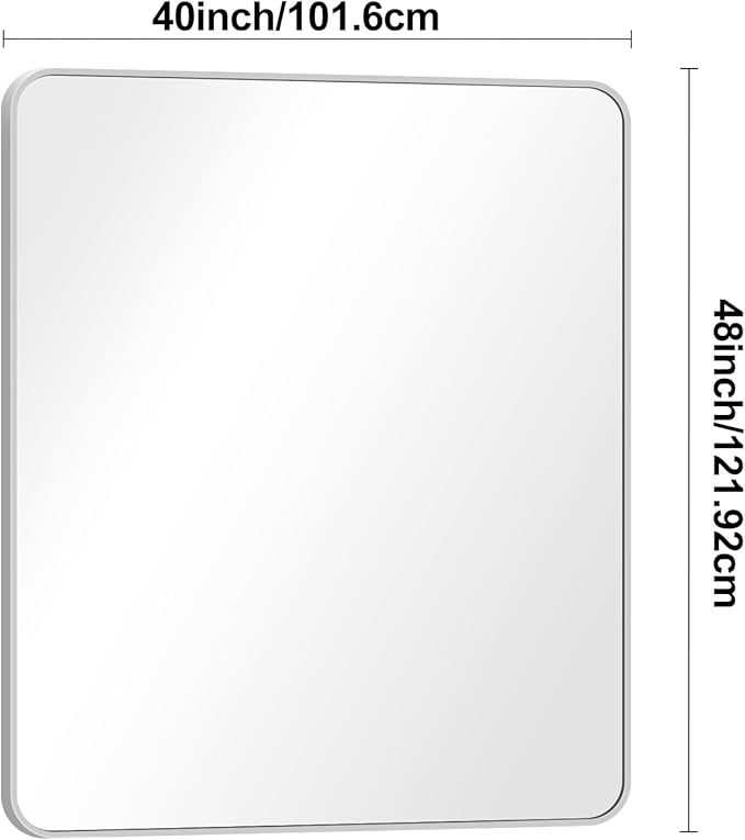 BONEWEI Silver Bathroom Mirror,40x48 inch Wall Mirror for Bathroom Wall Mounted,Rectangle Mirror for Bathroom Over Sink,Modern Frame Round Corner for Living Room,Bedroom Entryway,Horizontal/Vertical