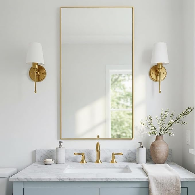20x36 Inch Gold Bathroom Mirror - Copper-Free Mirror, Aluminum Alloy Frame Vanity Rectangle Wall Mounted Modern Mirror for Bedroom/Living Room/Porch Horizontal or Vertical