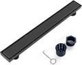 Offset Linear Shower Drain, Black Shower Drain 36 inch with 2-in-1 Tile Insert Cover, Brushed 304 Stainless Steel Side Outlet Black Shower Floor Drain with Hair Catcher and Adjustable Feet