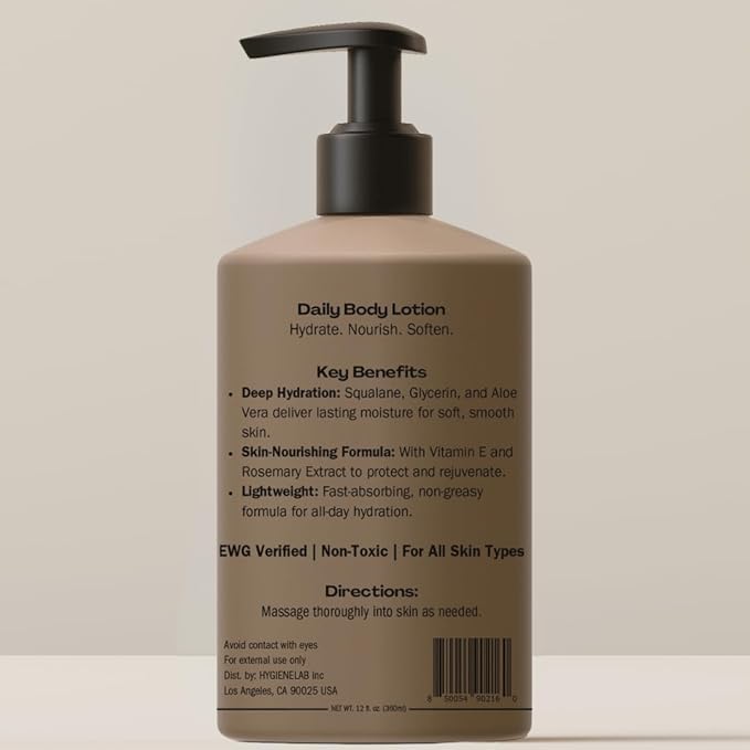 HygieneLab Body Lotion for Men – EWG Verified, Ultra Hydrating, Non-Toxic, Fast-Absorbing, Fragrance-Free, Unscented, Paraben-Free, Sulfate-Free, Daily body lotion for Dry Skin & Sensitive Skin, 12oz