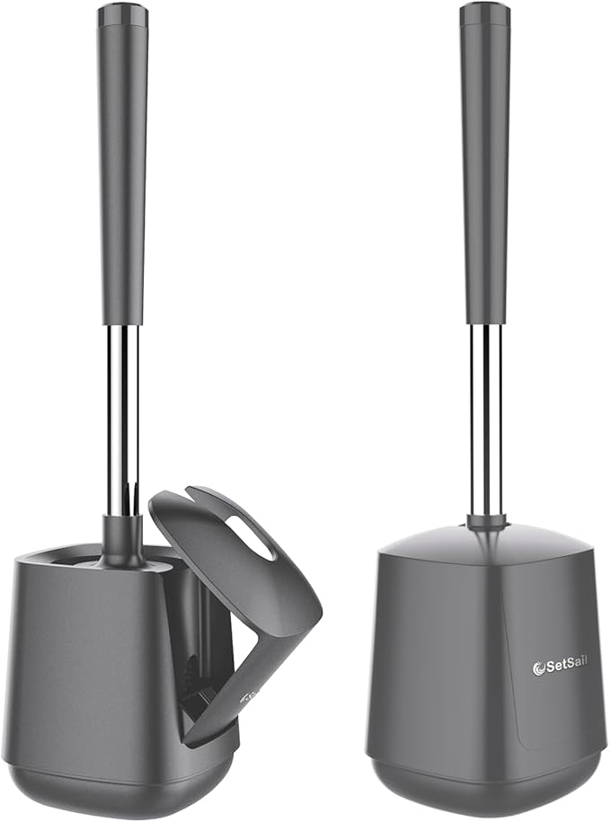 SetSail Toilet Brush and Holder 2 Pack, Self Closing Lid Toilet Bowl Brushes Holder and Extra Long Handle Ventilated Toilet Brush Set for Bathroom Cleaning, Nylon Bristles, Grey