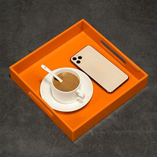 Orange Sturdy Acrylic Serving Tray with Handles-10x10Inch-Serving Coffee,Food,Breakfast,Butler-Kitchen Countertop Tray-Makeup Drawer Organizer-Vanity Table,Ottoman Tray-Decorative Tray
