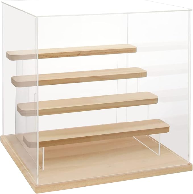Choowin 5 Tier Clear Acrylic Display Case for Collectibles, Mini Figures, Pop Mart, Labubu, Sonny Angel, Smiski - Assemble Dustproof Acrylic Display Box with Door, Stand (Wood Base Step)