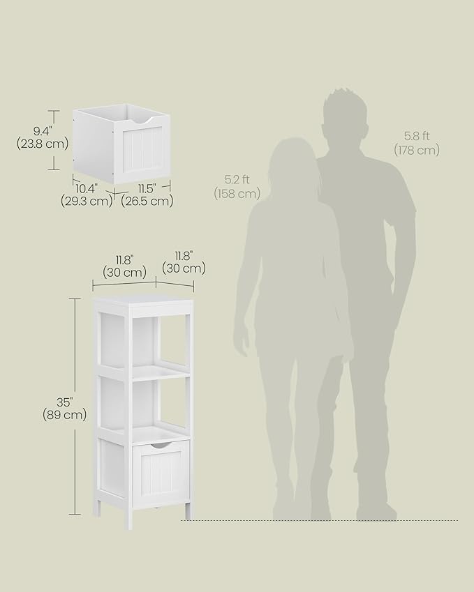 VASAGLE Storage Cabinet, Storage Organizer Rack Stand for Bathroom, Living Room, Bedroom, Multifunctional Corner Unit, 2 Drawers, 35 Inches in Height, White UBBC42WT