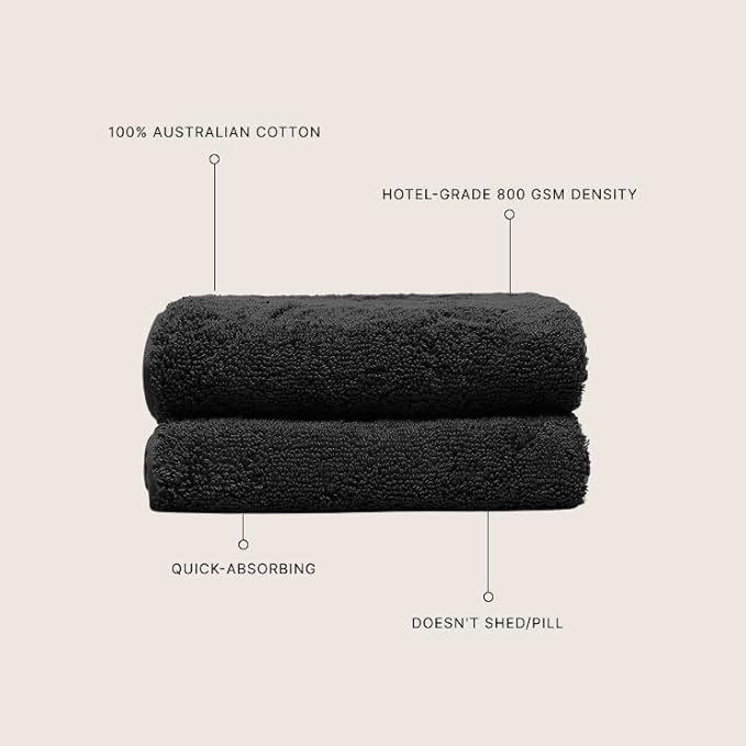 Italic Ultraplush 100% Australian Cotton Hand Towels - Set of 2 Luxury Hand Towels, Ultra Soft and Highly Absorbent 800GSM Towels for Bathroom,Shower, Hotel, and Spa (Black)
