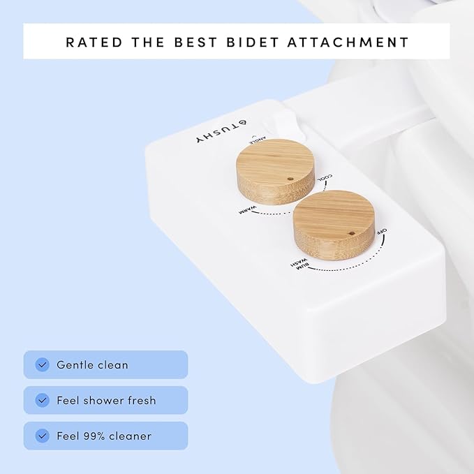 TUSHY Spa Warm Water Bidet Attachment for Toilet. Universal Fit, Easy Install (Requires Sink Access for Optional Temperature Control) Self Cleaning, Adjustable Pressure, Angle Control, Platinum Knob