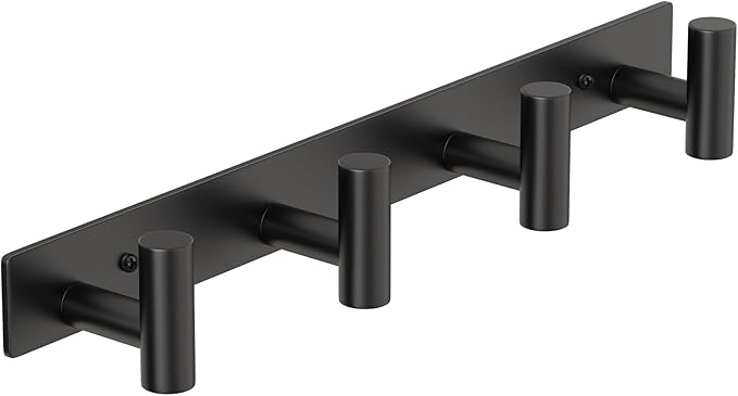 PMMASTO Coat Rack Wall Mounted, 4 "T Shaped Wall Hooks for Hanging, Heavy Duty Stainless Steel Coat Hook Rail for Hat Towel Robes in Bathroom Kitchen Mudroom Entryway (Black, 1 PC)
