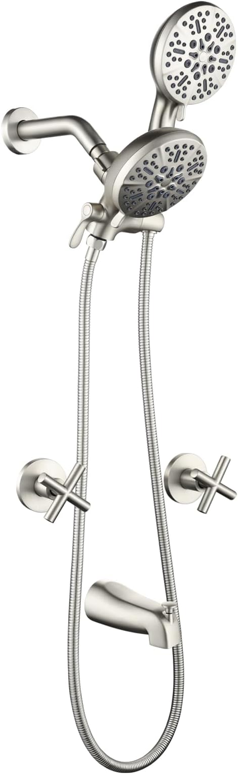 2 Handles Shower Faucet Set with Tub Spout Bathtub Shower Faucet Combo Set Shower System Complete Tub and Shower Trim Kit Brushed Nickel Wall Mounted Shower Fixtures