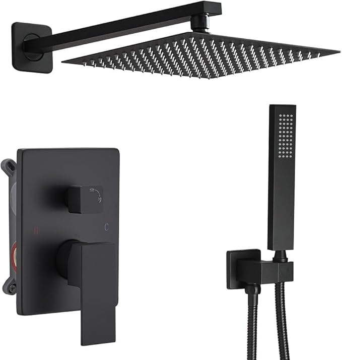 Shower Faucet Set Rain Shower System Matte Black with High Pressure 10-Inch Shower Head Handheld Square Shower Head Bathroom Luxury Rain Shower Faucet Shower Complete Combo Kit Wall Mounted
