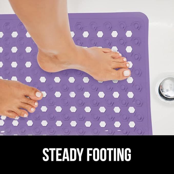 GORILLA GRIP Patented Bath Tub Shower Mat, Machine Washable Bathtub Floor Liner Mats, Suction Cups and Drain Holes to Keep Tubs Clean, Soft on Feet, Bathroom Essentials, 35x16 Inch, Purple Opaque