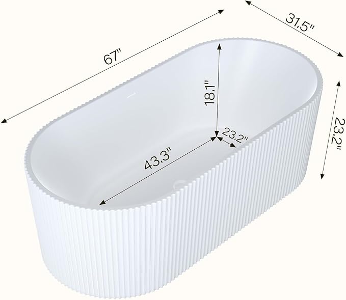 Acrylic Freestanding Bathtub, Deep Soaking Stripe Tub with Drain, Solid Surface Stand Alone Bath, Contemporary Indoor Bathroom Spa Tub for Adults, Large Foot Soak, White