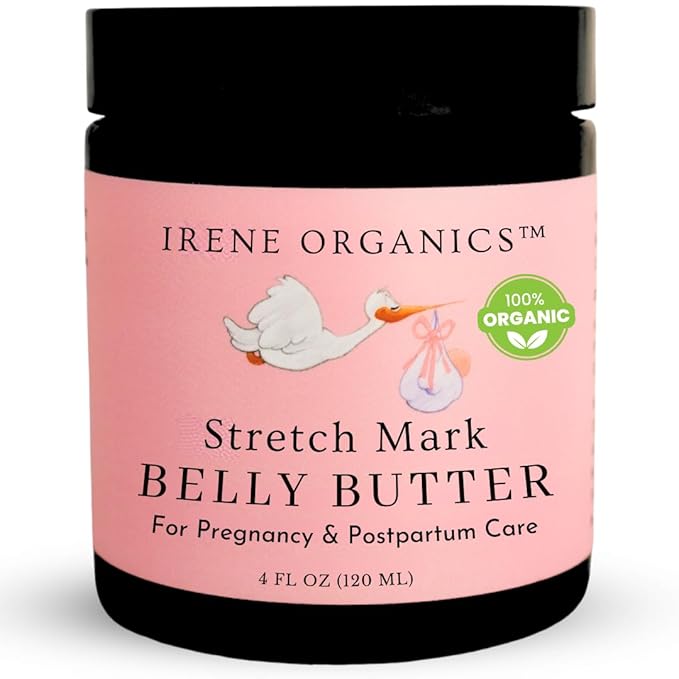 Organic Belly Butter for Pregnancy Stretch Mark Prevention and Treatment by Irene Organics - Award Winning Anti Stretch Mark Tummy Balm For Pregnancy and Postpartum 4oz - Hydrating Bump Cream
