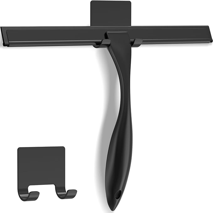 All-Purpose Stainless Steel Shower Squeegee for Shower Glass Door with Adhesive Hook, Bathroom Cleaner Tool Household Window Mirror Squeegee for Glass Doors, Cleaning Tile Wall, Car, 14 inch, Black