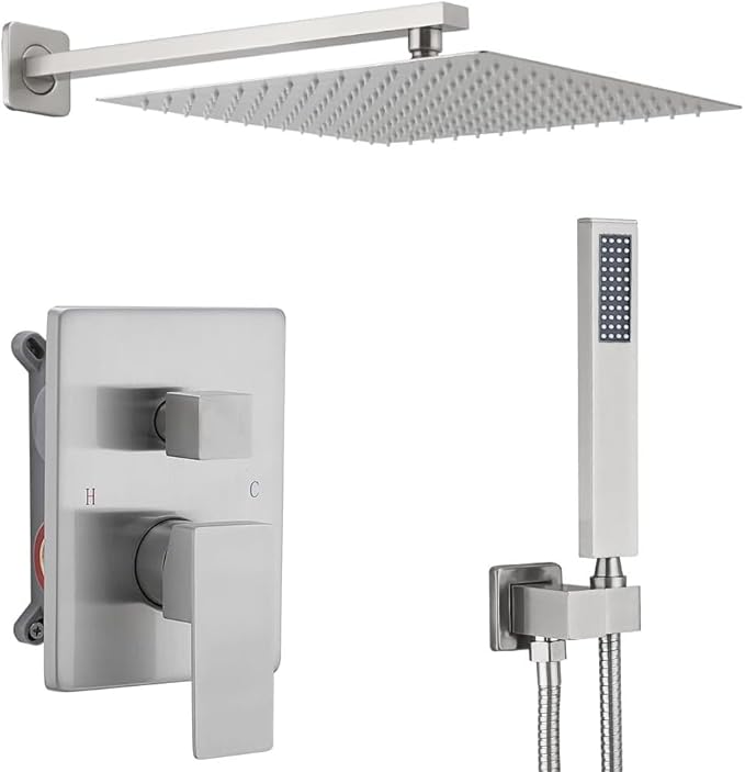 Shower Faucet Combo Set with Shower Spray Wand Large 12 Inch Shower Head Brushed Nickel Surface High Pressure with Rough-in Valve, Brushed Nickel