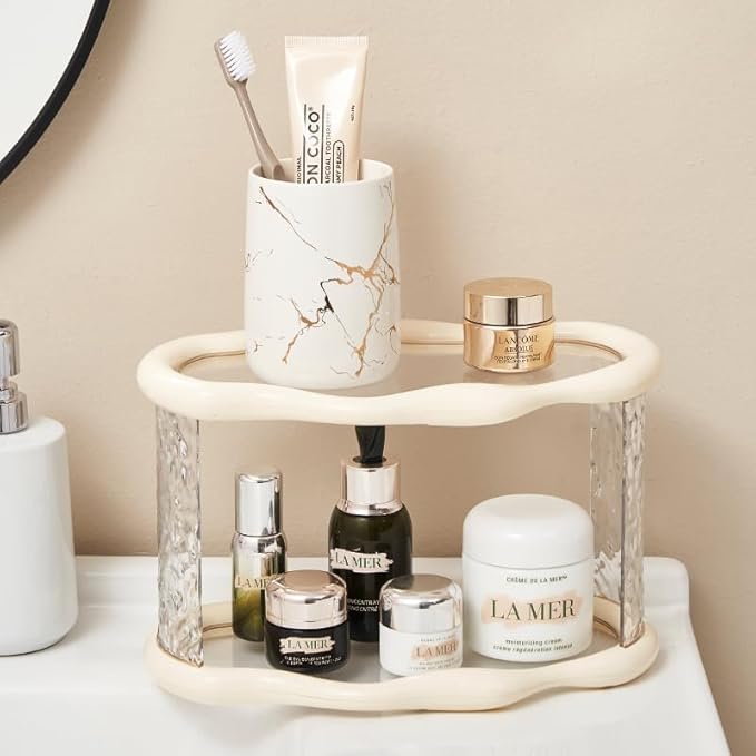 Bathroom Countertop Organizer, 2 Tier Bathroom Organizer and Storage, Acrylic Vanity Organizer Standing Holder Shelf, Perfume Makeup Skincare Cosmetic Desk Organizer for Bedroom Dressing Table, White