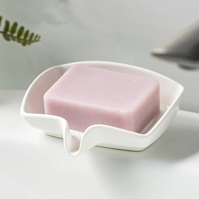 Soap Dish with Waterfall Design, Ceramic Soap Holder Self Draining Bar Soap Saver for Sink Bathroom Shower Kitchen to Keep Organized and Clean, White