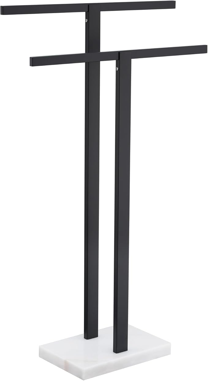 KOKOSIRI Bathroom Towel Rack 2-Tier Standing Towel Racks with Marble Base, Stainless Steel Freestanding Towel Bars, Thicken Steady Design, Matte Black THS0001-BK