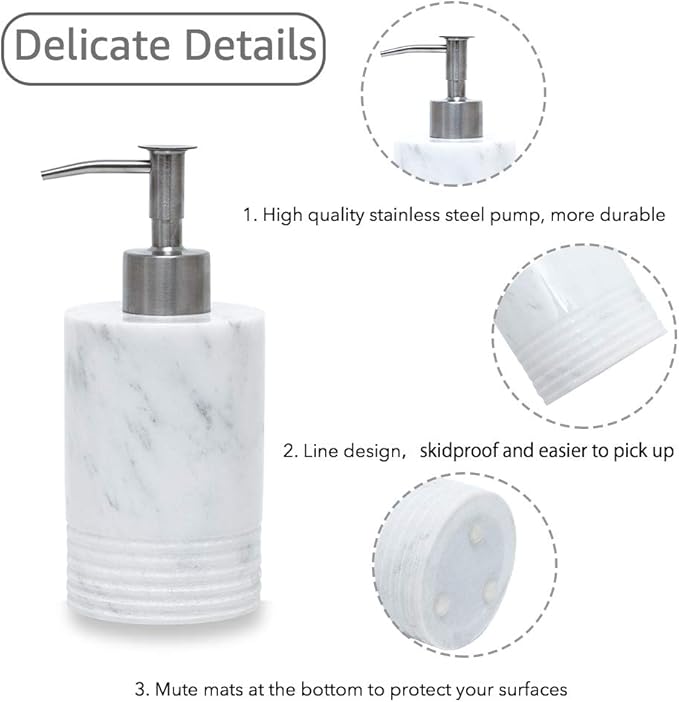 Marble Soap Dispenser with Stainless Steel Pump for Bathroom Kitchen Countertop - Lotion & Liquid Dispenser Soap Bottle White