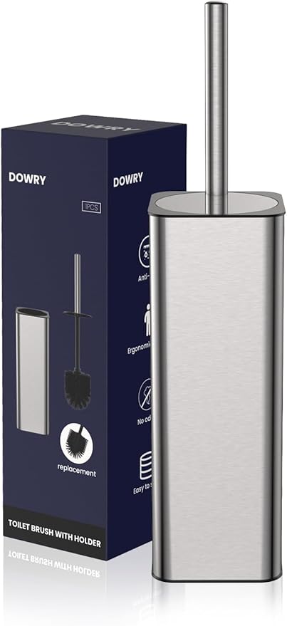 DOWRY Stainless Steel Toilet Bowl Brush and Holder for Bathroom Storage Organization Deep Cleaning Covered Brush Cleaner,Nickel Square
