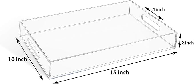 Clear Sturdy Acrylic Serving Tray with Handles-10x15Inch-Serving Coffee,Appetizer,Breakfast,Butler-Kitchen Countertop Tray-Makeup Drawer Organizer-Vanity Table Tray-Ottoman Tray-Decorative Tray