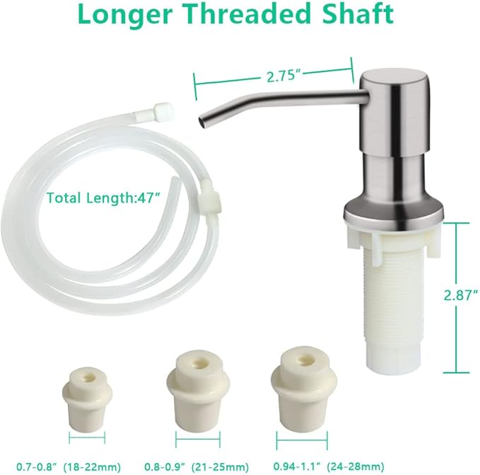 Soap Dispenser for Kitchen Sink, Built in Sink Soap Dispenser (Brushed Nickel), Countertop Soap Dispenser Pump with 47" Extension Tube kit, No Need to Fill Little Bottle Again (Longer Thread Shaft)