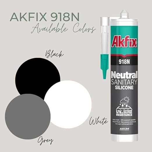 Akfix 918N Gray 100% Silicone Caulk for Kitchen and Bathroom (2x10.5 fl.oz.) - Solvent-Free, Low Odor, UV & Water Resistant, Fast Curing, Non-sag, High Elasticity Silicone Sealant | Grey, 2 Pack