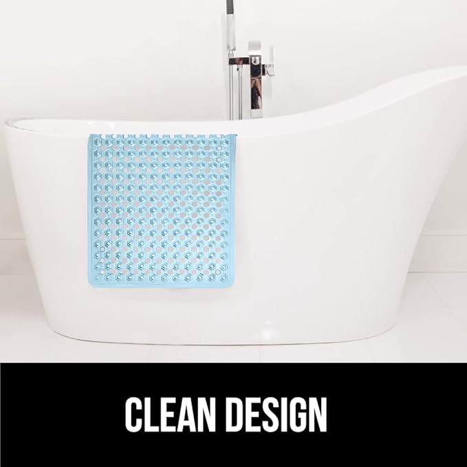 GORILLA GRIP Patented Bath Tub Shower Mat, Machine Washable Bathtub Floor Liner Mats, Suction Cups and Drain Holes to Keep Tubs Clean, Soft on Feet, Bathroom Essentials, 35x16 Inch, Clear Blue