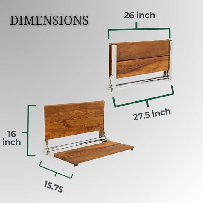 Folding Shower Seat Wall Mounted with Back | 500 lbs Maximum Load Capacity | ADA Compliant Safety Assist Teak Shower Seat for Seniors, Handicapped, and Children | 304 Stainless Steel Frame | 26” x 16”
