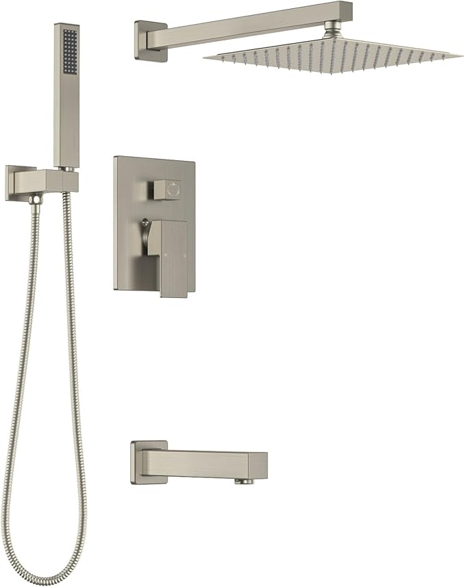 Lava Odoro Modern 3-Setting Square Shower and Tub Faucet Set with Shower Head and Handheld Sprayer Brushed Nickel, Rainfall Shower System with Tub Spout, Shower Valve Trim Kit, SF103-BN-T