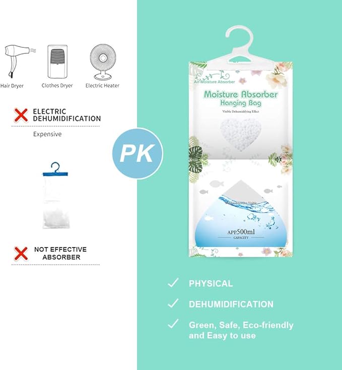 CANAGER Hanging Moisture Absorber-12 Packs, Hanging Dehumidifier Bags for Closet,Bedroom and kitchen,Fragrance Free,Moisture Absorb 12.5OZ