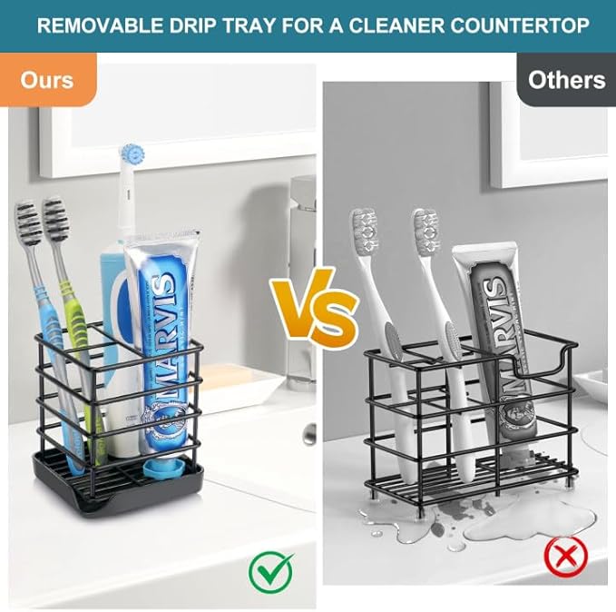 Toothbrush Holders for Bathrooms, Stainless Steel Bathroom Toothbrush Holder Kids Electric Tooth Brushing Holder Stand and Toothpaste Holder for Bathroom Accessories Organizer with Tray, Black (Small)
