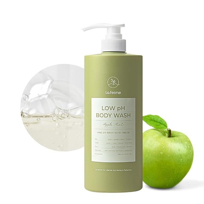 laferme Low pH balanced Gentle Korean Body Wash with Natural & Organic Ingredients, Hypoallergenic for Sensitive Skin, Moisturizing & Hydrating for Dry Skin, For Women & Men, 33 Fl Oz, Apple Mint